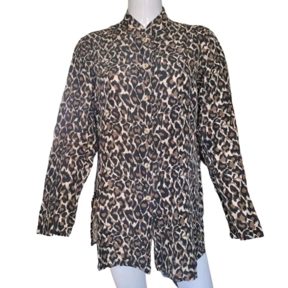 MELROSE Button Up Shirt Women M Brown Animal Print 100% Silk Boho Long Sleeves